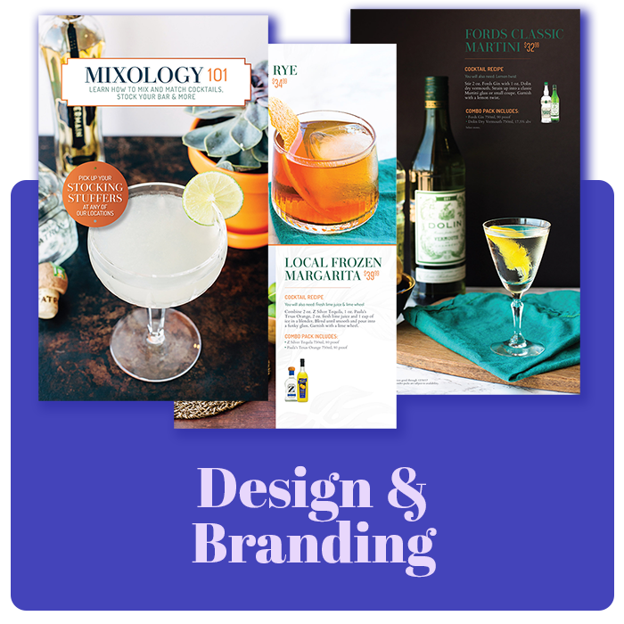 three examples of print brochure for liquor company