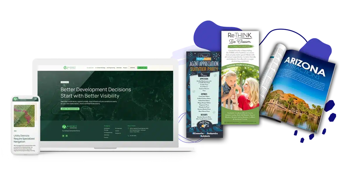 Mobile and laptop mock up of Mahoney site and printed marketing collateral